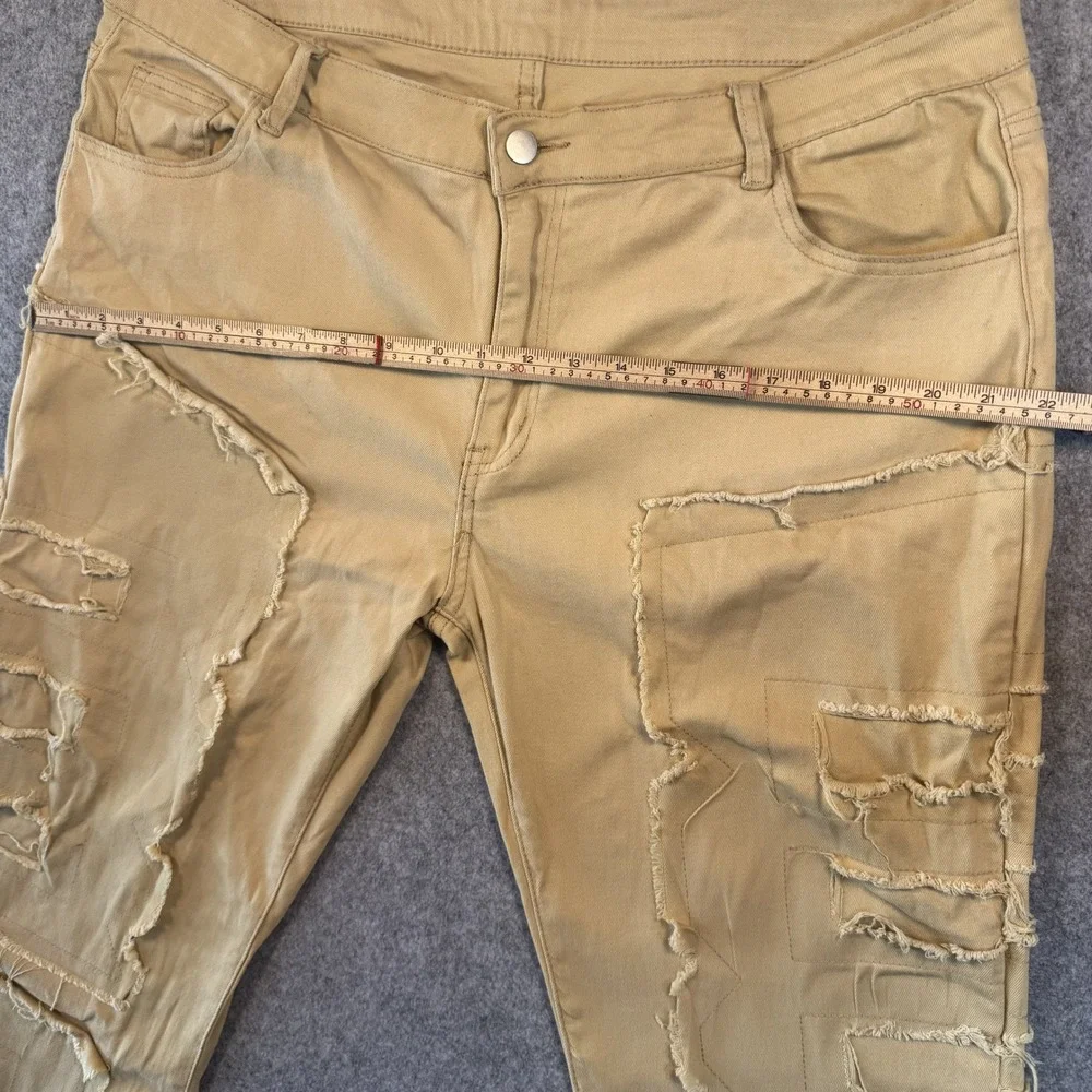 Unbranded Distressed Patchwork Pants 38 Khaki Frayed Streetwear Detail